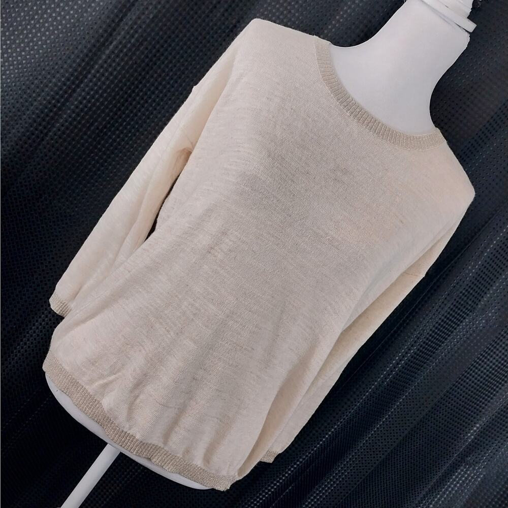 LOFT! LINEN+!CREAMY OATMEAL & GOLD TRIM LIGHTWEIGHT 3/4 SLEEVE SWEATER TOP! SZ S